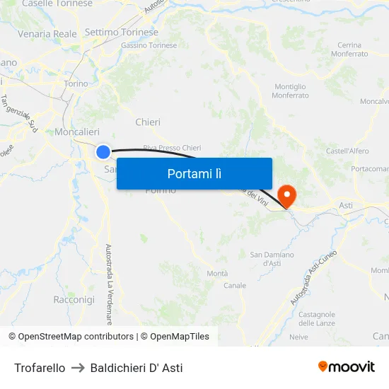 Trofarello to Baldichieri D' Asti map