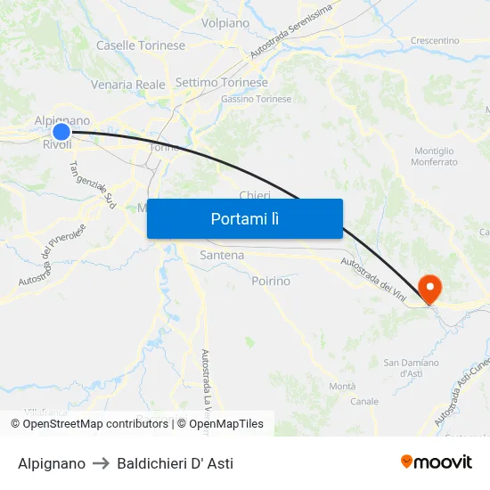 Alpignano to Baldichieri D' Asti map