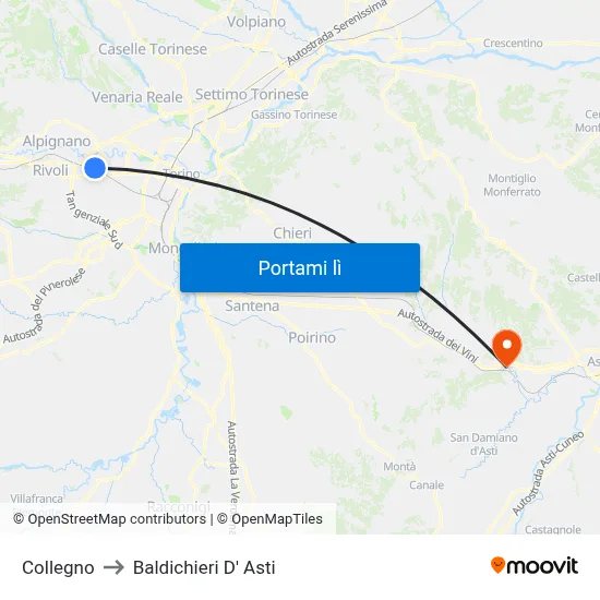 Collegno to Baldichieri D' Asti map