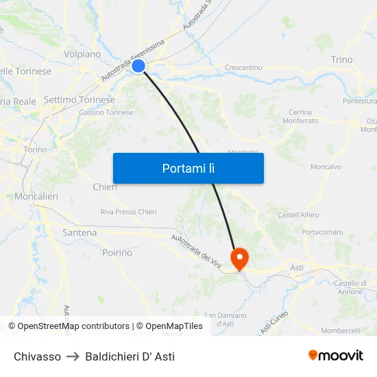 Chivasso to Baldichieri D' Asti map