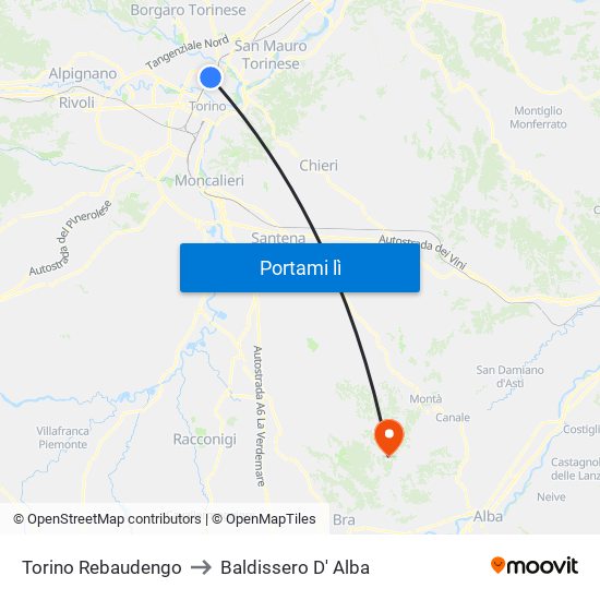Torino Rebaudengo to Baldissero D' Alba map