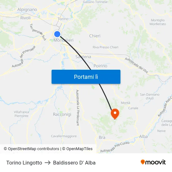 Torino Lingotto to Baldissero D' Alba map