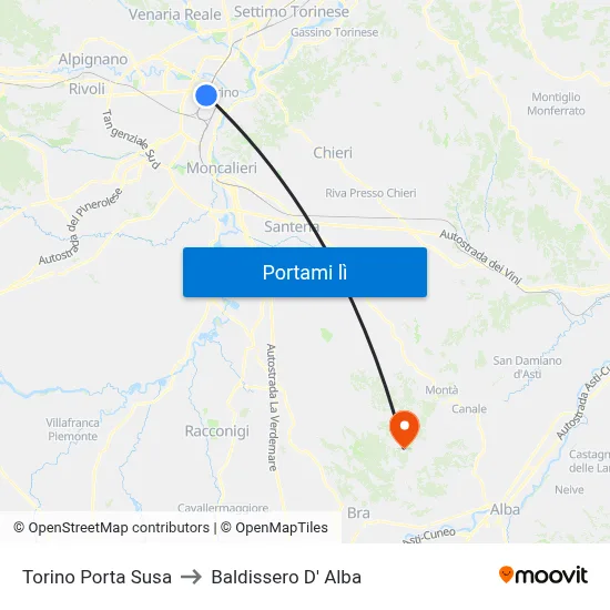 Torino Porta Susa to Baldissero D' Alba map