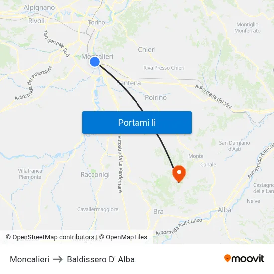 Moncalieri to Baldissero D' Alba map