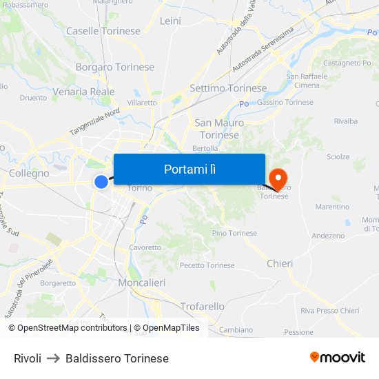 Rivoli to Baldissero Torinese map