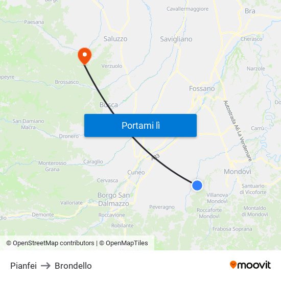 Pianfei to Brondello map