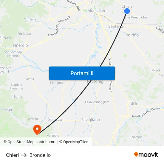 Chieri to Brondello map