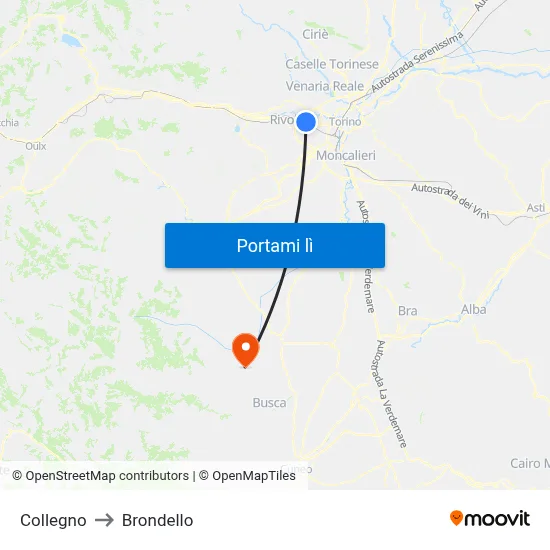 Collegno to Brondello map