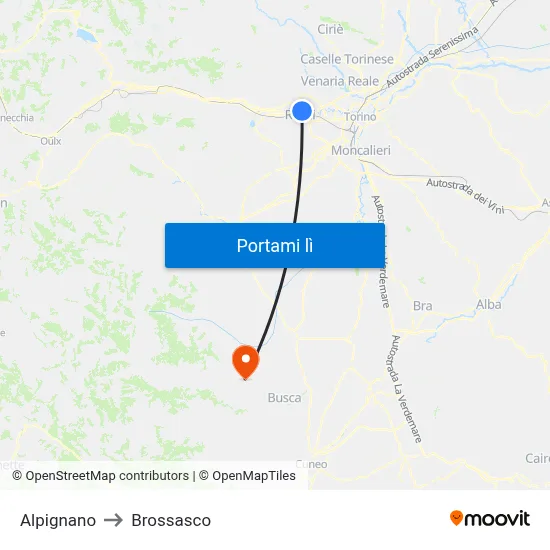 Alpignano to Brossasco map