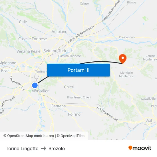 Torino Lingotto to Brozolo map