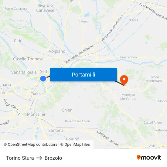 Torino Stura to Brozolo map