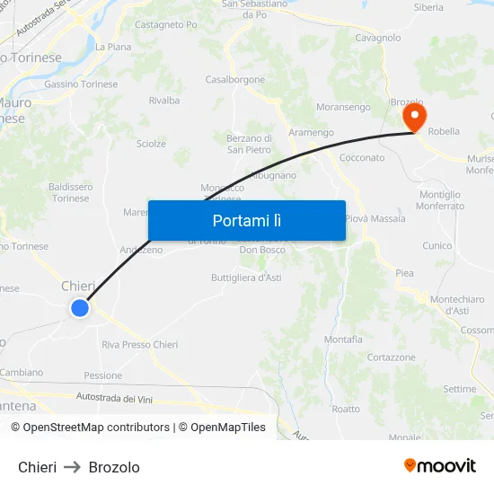 Chieri to Brozolo map