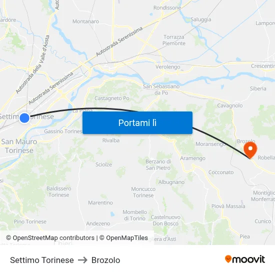 Settimo Torinese to Brozolo map