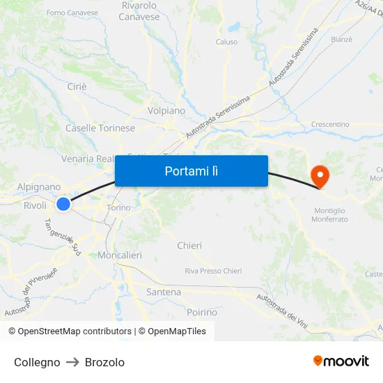 Collegno to Brozolo map