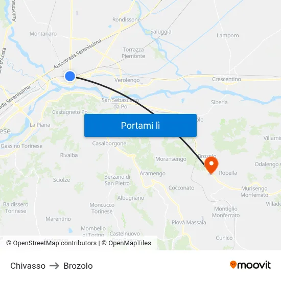 Chivasso to Brozolo map