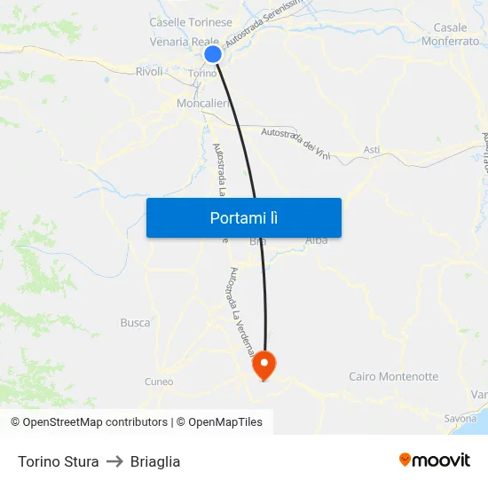 Torino Stura to Briaglia map