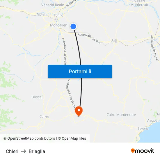 Chieri to Briaglia map