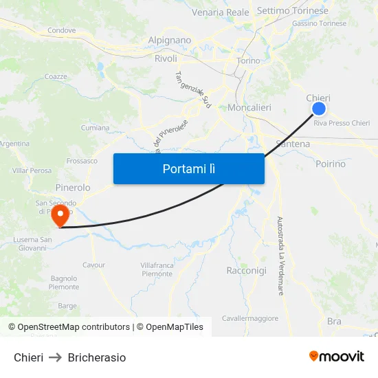 Chieri to Bricherasio map