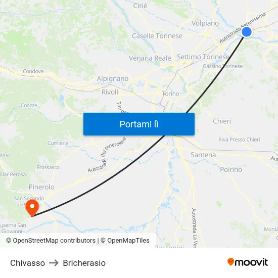 Chivasso to Bricherasio map