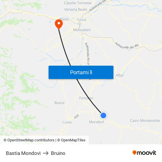Bastia Mondovì to Bruino map