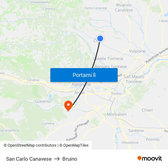 San Carlo Canavese to Bruino map