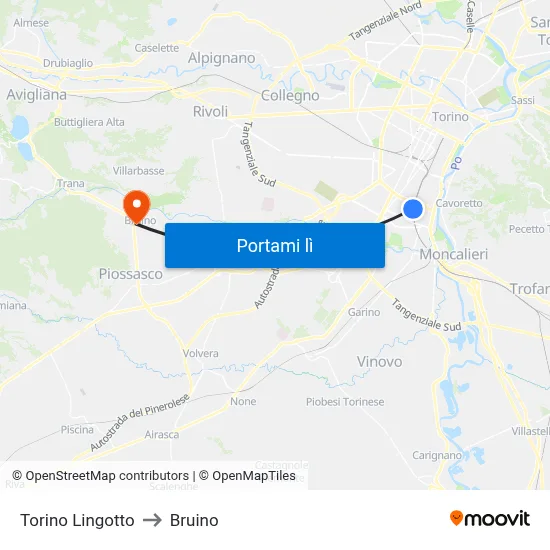 Torino Lingotto to Bruino map