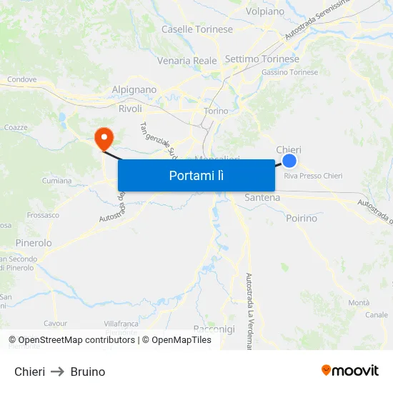 Chieri to Bruino map
