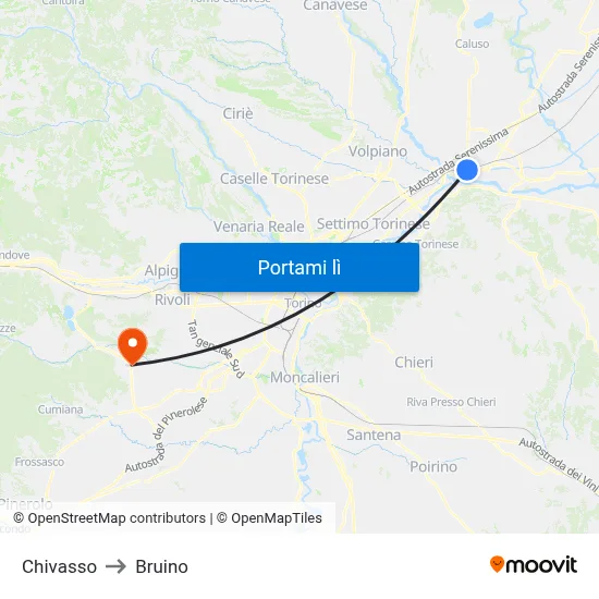 Chivasso to Bruino map