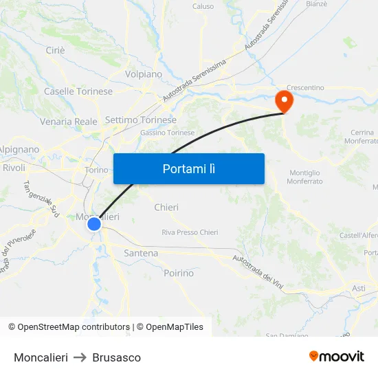 Moncalieri to Brusasco map