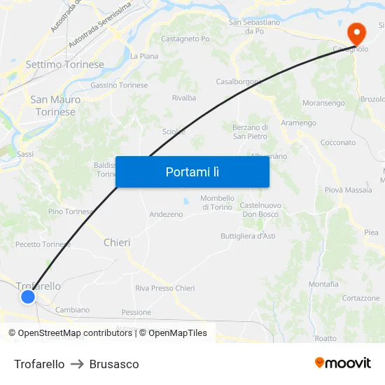 Trofarello to Brusasco map