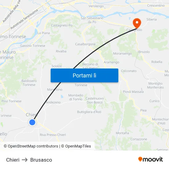 Chieri to Brusasco map