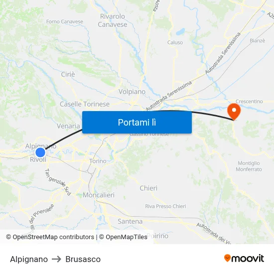 Alpignano to Brusasco map