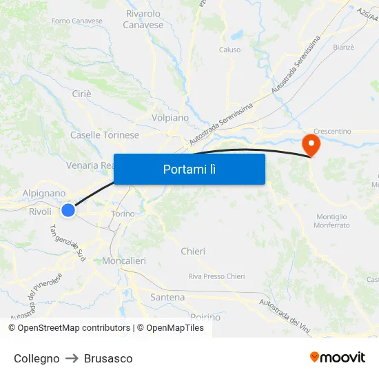 Collegno to Brusasco map
