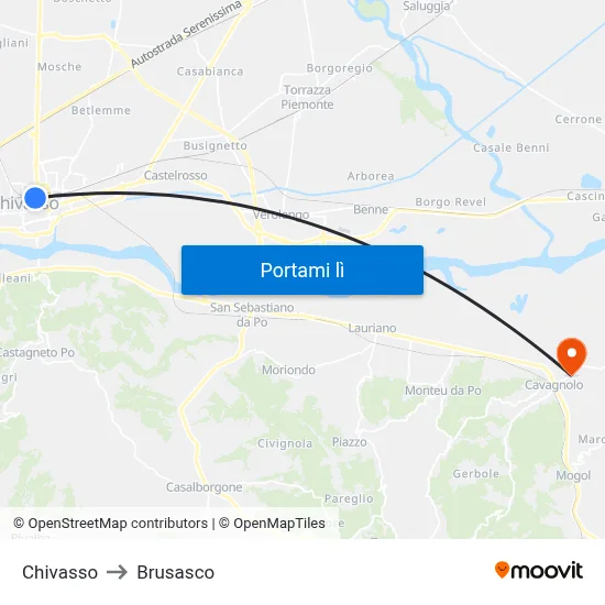 Chivasso to Brusasco map