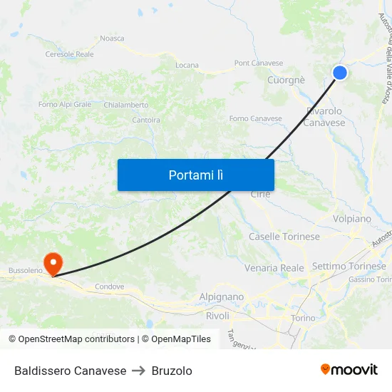 Baldissero Canavese to Bruzolo map