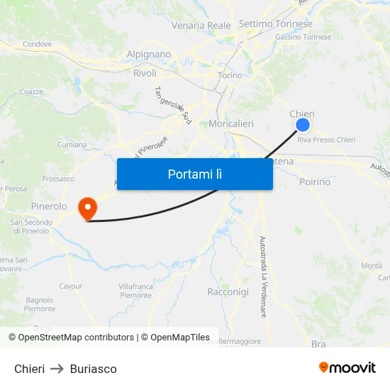 Chieri to Buriasco map