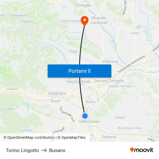Torino Lingotto to Busano map