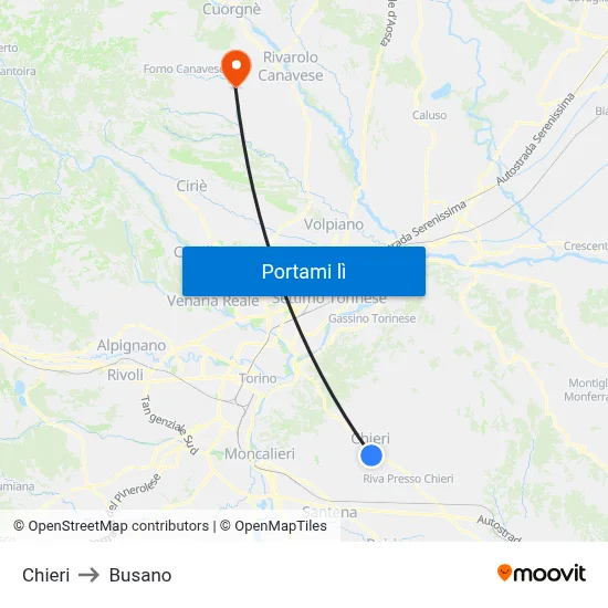 Chieri to Busano map