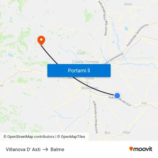 Villanova D' Asti to Balme map