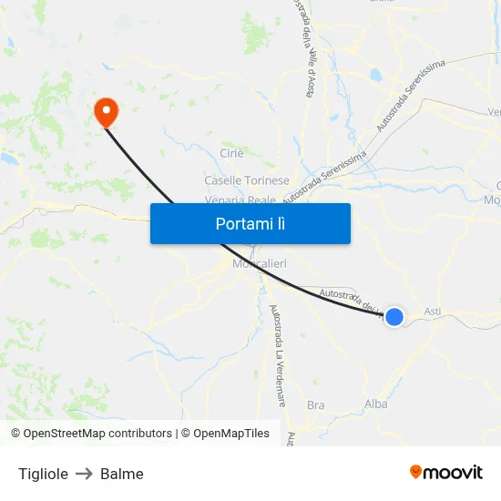Tigliole to Balme map