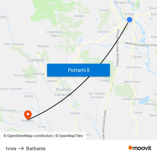 Ivrea to Barbania map