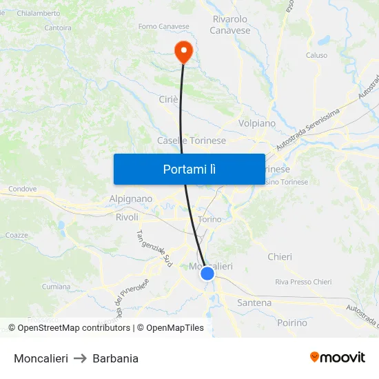 Moncalieri to Barbania map