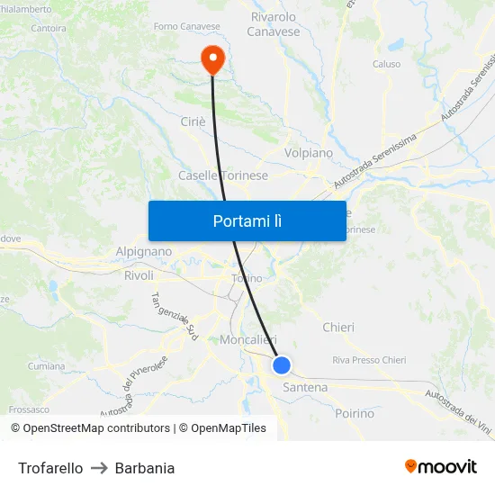 Trofarello to Barbania map