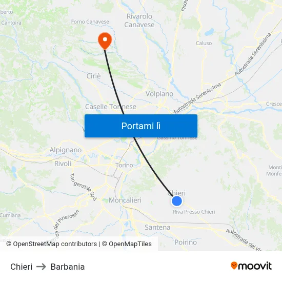 Chieri to Barbania map