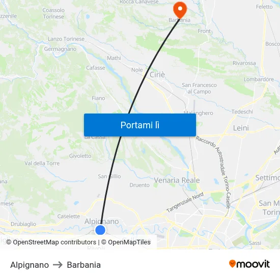 Alpignano to Barbania map