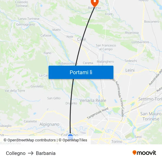 Collegno to Barbania map