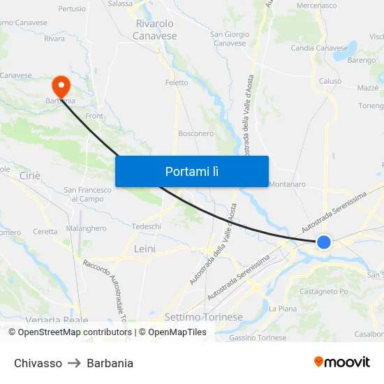 Chivasso to Barbania map