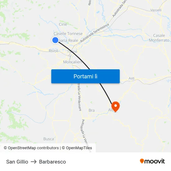 San Gillio to Barbaresco map
