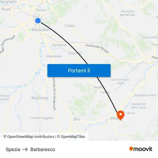 Spezia to Barbaresco map