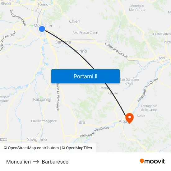 Moncalieri to Barbaresco map